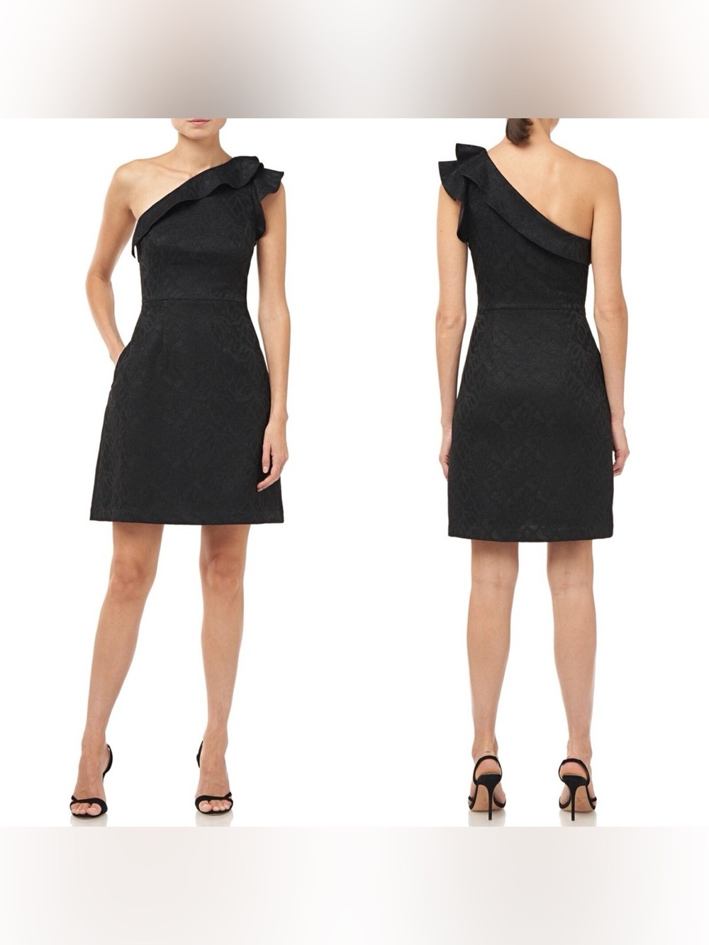 Halston Heritage Black One Shoulder Cocktail Lace Shimmer Dress, size 16